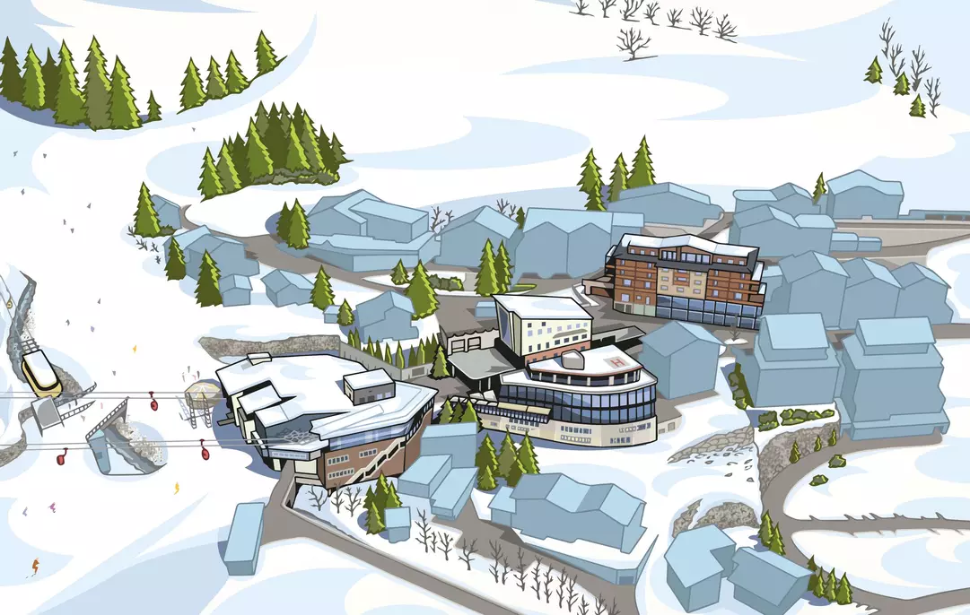 Illustrierter Lageplan von Serfaus mit der Serfaus Mountain Lodge, den Bergbahnen und Abfahrten